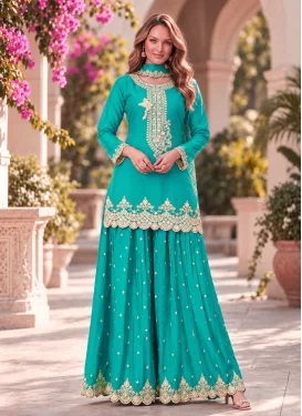 Embroidered Work Chinon Palazzo Suit in Turquoise for Party