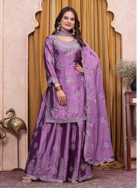 Embroidered Work Chinon Palazzo Suit in Violet for Women