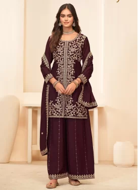Embroidered Work Chinon Palazzo Suit in Wine for Women