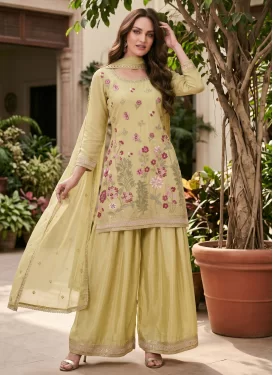Embroidered Work Chinon Palazzo Suit in Yellow for Women