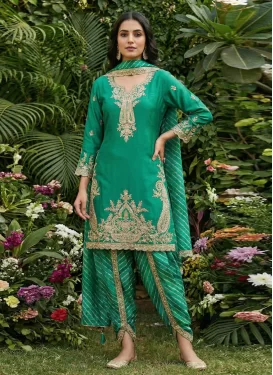 Embroidered Work Chinon Punjabi Salwar Suit in Green for Festival