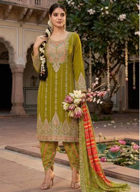 Embroidered Work Chinon Punjabi Salwar Suit in Olive for Festival
