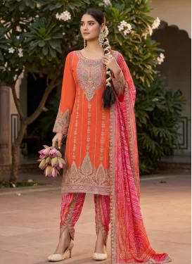 Embroidered Work Chinon Punjabi Salwar Suit in Orange and Rose Pink for Women
