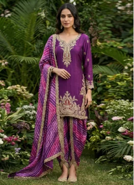 Embroidered Work Chinon Punjabi Salwar Suit in Purple for Women