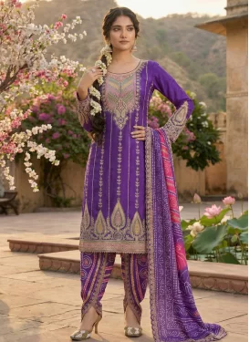 Embroidered Work Chinon Punjabi Salwar Suit in Purple for Women