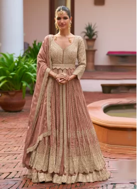 Embroidered Work Chinon Readymade Lehenga Choli in Salmon for Women