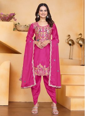 Embroidered Work Chinon Readymade Salwar Suit in Rose Pink for Women
