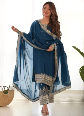 Embroidered Work Chinon Readymade Salwar Suit in Teal for Women