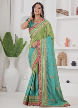Embroidered Work Chinon Traditional Saree in Olive and Turquoise for Festival