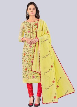 Embroidered Work Churidar Suit For Ceremonial in Red and Yellow