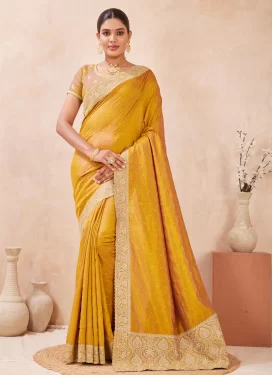 Embroidered Work Classic Saree For Ceremonial in Mustard