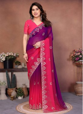 Embroidered Work Classic Saree For Ceremonial in Purple and Rose Pink