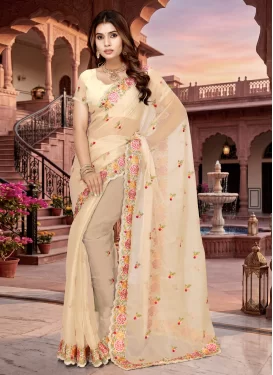Embroidered Work Classic Saree For Festival in Cream