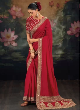 Embroidered Work Classic Saree For Festival in Red