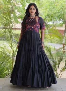 Embroidered Work Cotton Designer Gown in Black for Women