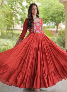 Embroidered Work Cotton Designer Gown in Orange for Women