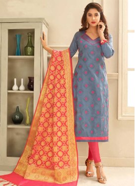 Embroidered Work Cotton Grey and Hot Pink Trendy Churidar Salwar Suit