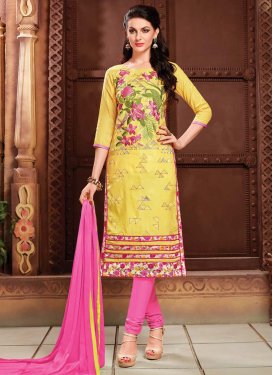 Embroidered Work Cotton Hot Pink and Yellow Trendy Churidar Salwar Kameez