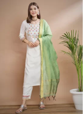 Embroidered Work Cotton Readymade Salwar Suit in Off White for Women