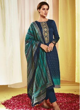 Embroidered Work Cotton Satin Navy Blue and Teal Pant Style Straight Salwar Kameez