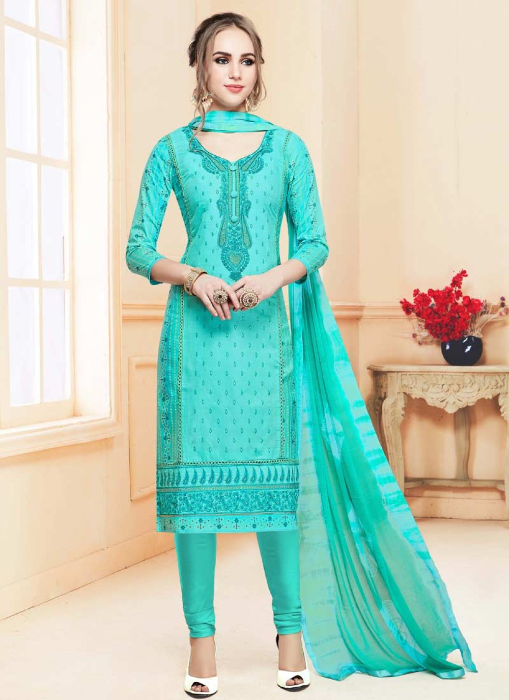 Buy Embroidered Work Cotton Satin Trendy Straight Salwar Suit Online