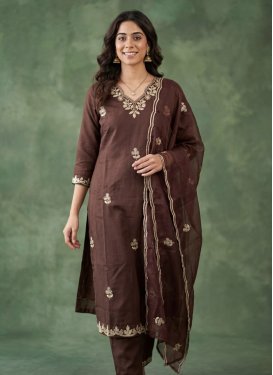 Embroidered Work Cotton Silk Readymade Salwar Suit in Coffee Brown for Women