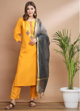 Embroidered Work Cotton Silk Readymade Salwar Suit in Mustard for Ceremonial