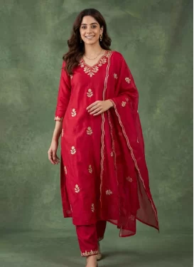 Embroidered Work Cotton Silk Readymade Salwar Suit in Red for Casual