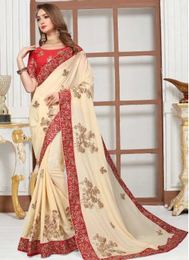 Embroidered Work Cream and Red Traditional Saree