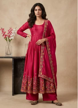 Embroidered Work Crepe Silk Anarkali Suit in Rose Pink for Ceremonial