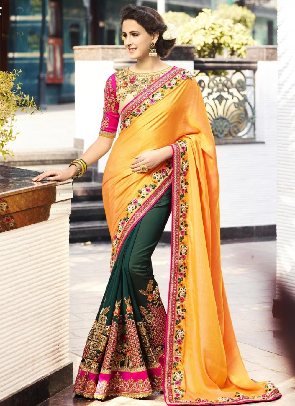 Buy Green & Orange Sarees for Women by KAVINDI Online | Ajio.com