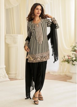 Embroidered Work Crepe Silk Readymade Salwar Suit in Black and Grey for Women