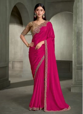 Embroidered Work Crepe Silk Traditional Saree in Rose Pink for Women