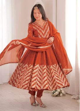 Embroidered Work Crunchy Silk Anarkali Suit in Orange for Women