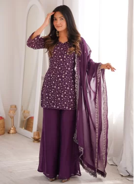Embroidered Work Crunchy Silk Palazzo Suit in Purple for Ceremonial