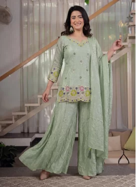 Embroidered Work Crunchy Silk Palazzo Suit in Sea Green for Women