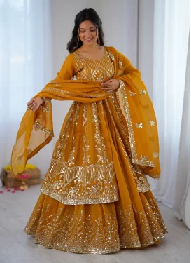 Embroidered Work Crunchy Silk Readymade Lehenga Choli in Mustard for Women