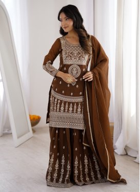 Embroidered Work Crunchy Silk Readymade Salwar Suit in Brown for Women