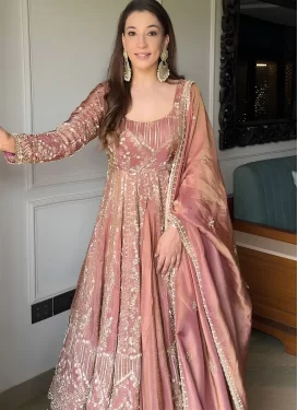 Embroidered Work Crunchy Silk Readymade Salwar Suit in Pink for Women