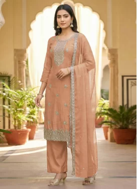 Embroidered Work Crunchy Silk Straight Suit in Peach for Women