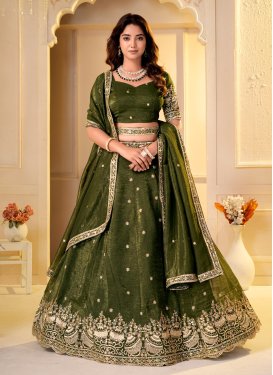 Embroidered Work Crunchy Silk Trendy Lehenga Choli in Olive for Women