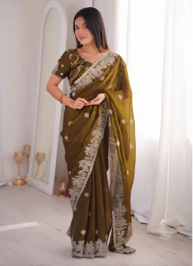 Embroidered Work Crush Classic Saree in Olive for Women