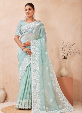 Embroidered Work Crush Traditional Saree in Turquoise for Festival