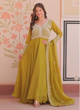 Embroidered Work Designer Gown For Festival in Aloe Veera Green