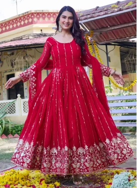 Embroidered Work Designer Gown For Festival in Rose Pink