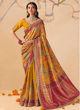 Embroidered Work Dola Silk Classic Saree in Mustard for Bridal