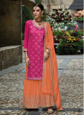 Embroidered Work Dola Silk Orange and Rose Pink Designer Palazzo Salwar Suit
