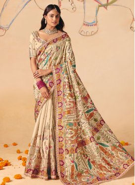 Embroidered Work Dola Silk Traditional Saree in Cream for Bridal