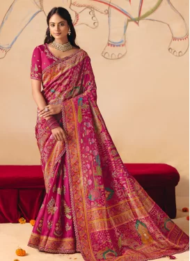 Embroidered Work Dola Silk Traditional Saree in Fuchsia for Women