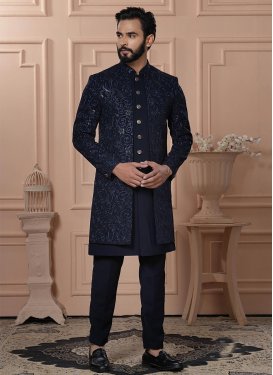 Embroidered Work Fancy Fabric Indo Western in Navy Blue for Men